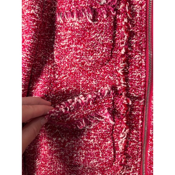 MNG Mango Womens Red White Zip Up Tweed Jacket Raw Fringe Trim Size L - Picture 9 of 11